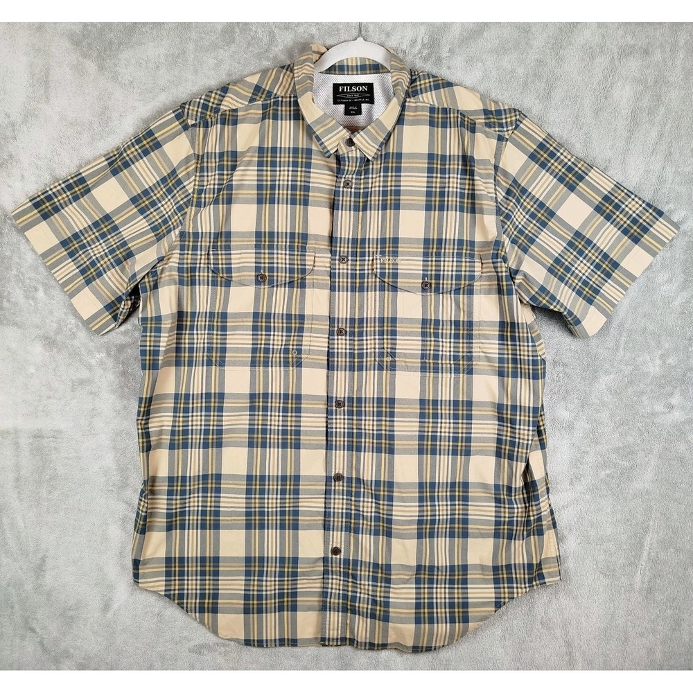Filson Lightweight Vented‎ Beige Blue Plaid Button Up Shirt Mens 2XL Fishing
